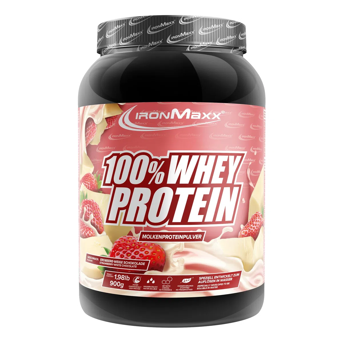 IronMaxx 100% Whey Protein Pulver 900g - Strawberry White Chocolate | Cremiger Eiweißshake mit BCAAs & EAAs | High Protein, Low Carb & zuckerarm | Ideal für Muskelaufbau & Fitness