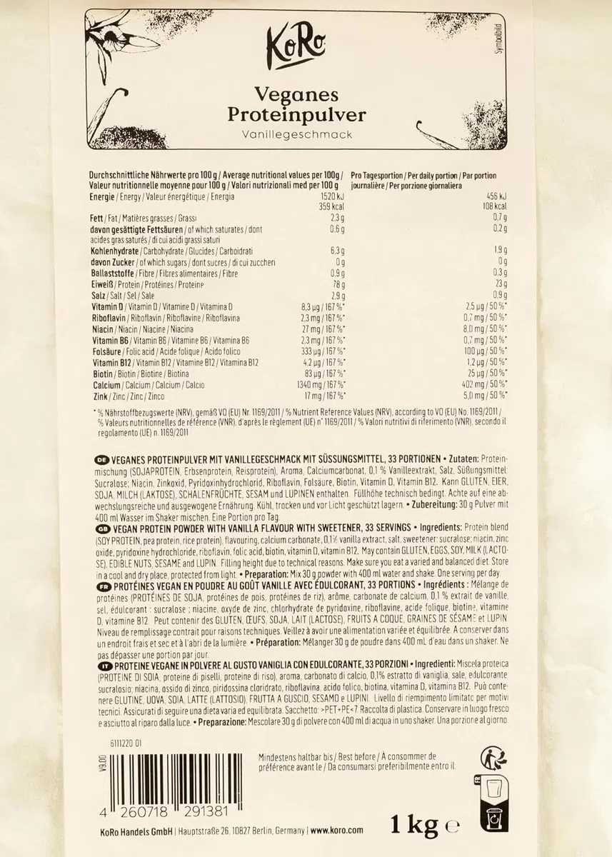 KoRo Veganes Proteinpulver Ohne Zucker Vanille 1 kg - Aus Reis-, Erbsen- und Soja Protein Pulver Vegan - Eiweißpulver Cremig-süß im Geschmack - 30 Tage Vorrat
