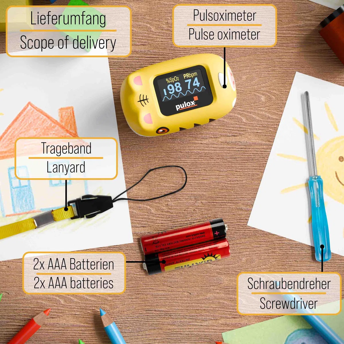Pulox PO-230 Kinder Pulsoximeter Gelb zur Messung von SpO2 und Puls | Misst Sauerstoffsättigung und Puls in wenigen Sekunden, inklusive Sticker zum individuellen Bekleben und Gestalten