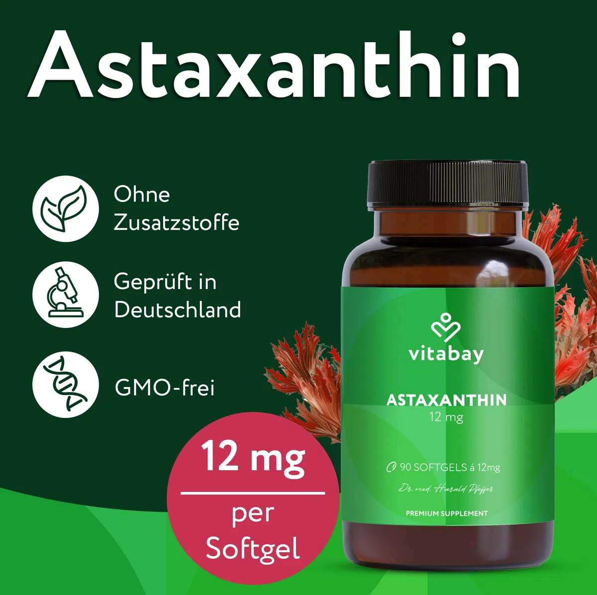 Vitabay Astaxanthin 12 mg hochdosiert – 90 vegane Softgel-Kapseln – laborgeprüft & ohne Zusatzstoffe – Premium-Rohstoff natürlich gewonnen aus Haematococcus pluvialis Algenextrakt - 6 Monate Vorrat