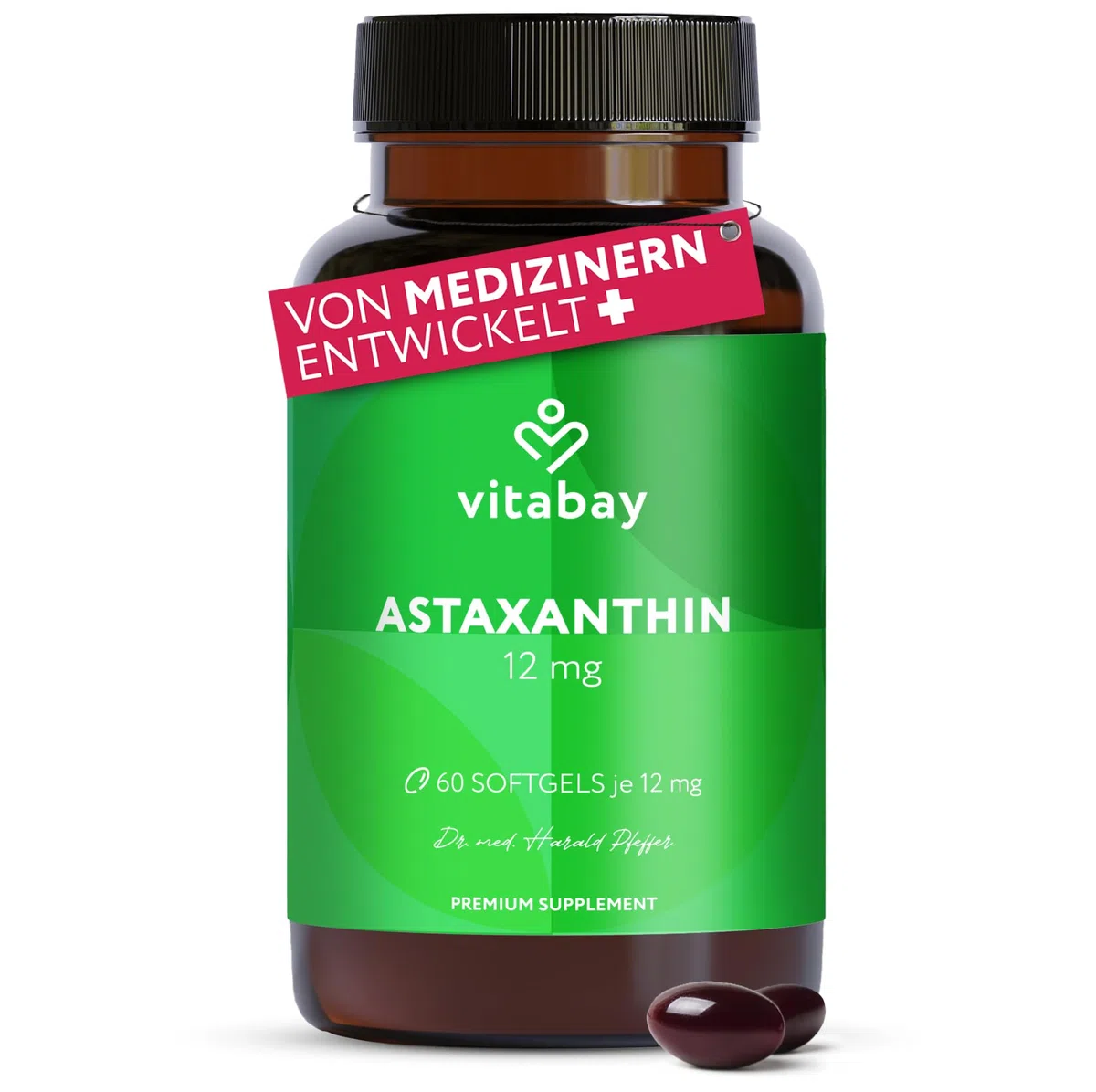 Vitabay Astaxanthin 12 mg hochdosiert – 90 vegane Softgel-Kapseln – laborgeprüft & ohne Zusatzstoffe – Premium-Rohstoff natürlich gewonnen aus Haematococcus pluvialis Algenextrakt - 6 Monate Vorrat