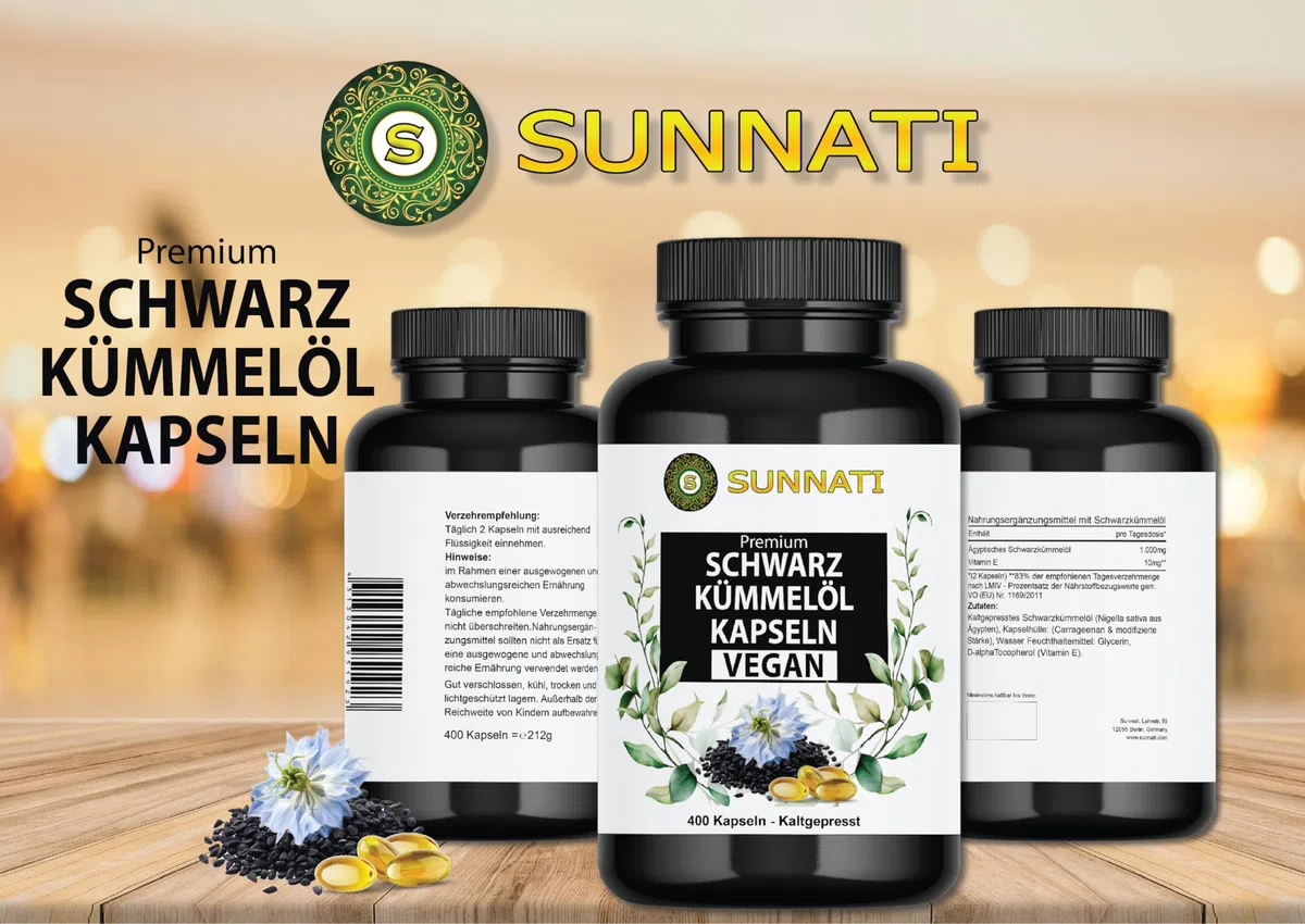 Schwarzkümmelöl - 400 Kapseln VEGAN - 1000 mg Tagesdosis hochdosiert - Kaltgepresst, Ägyptisch, mit Vitamin E, von Sunnati - In Deutschland hergestellt