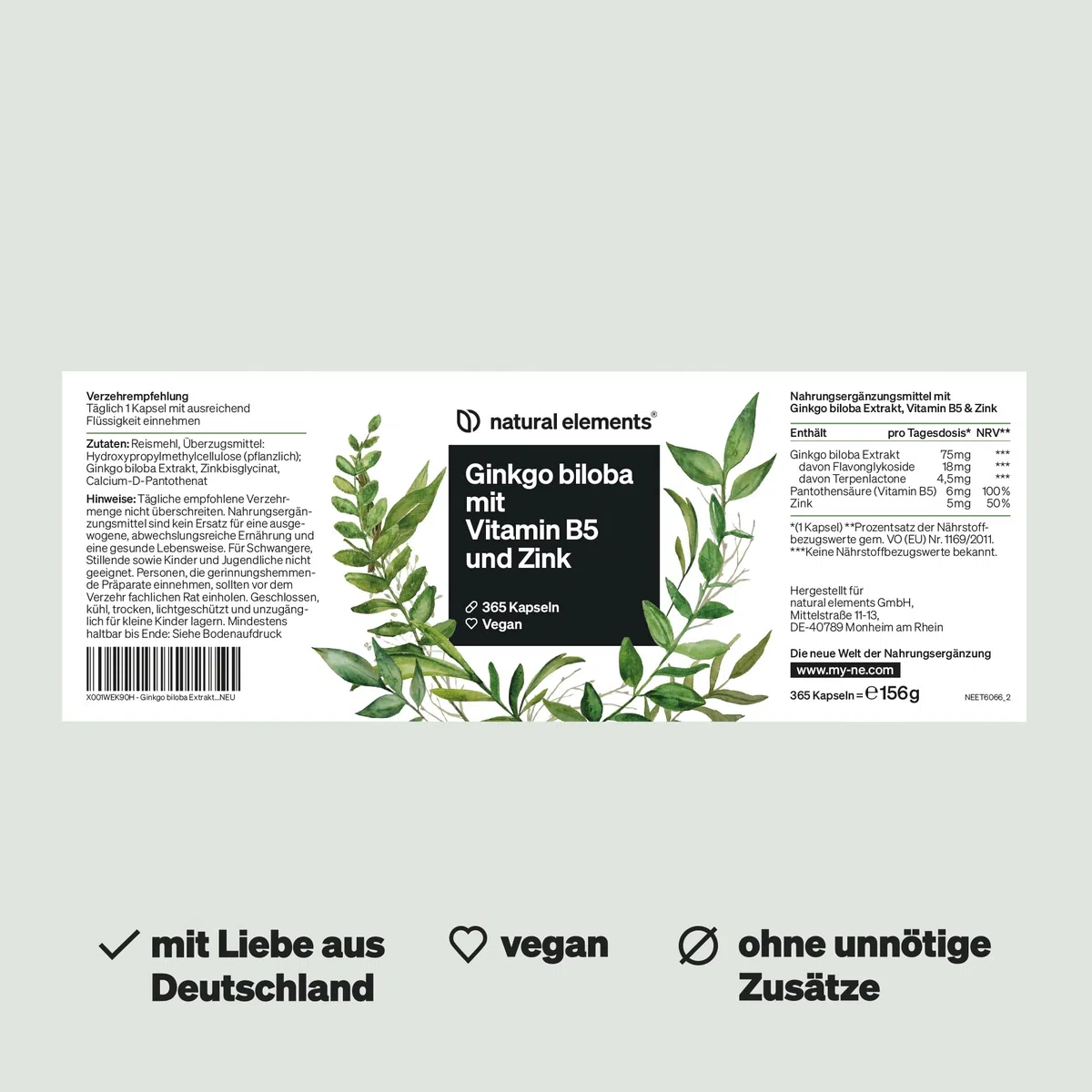 natural elements Ginkgo biloba – optimal dosiert mit 3750mg pro Kapsel (50:1 Extrakt) – 365 Kapseln – mit Vitamin B5 & Zink – vegan, ohne unnötige Zusätze – in Deutschland produziert & laborgeprüft