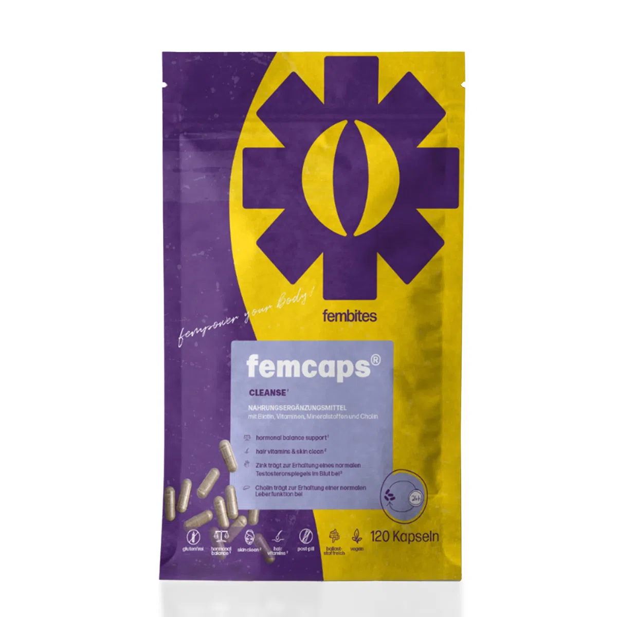 fembites femcaps Cleanse - Hochdosiertes Supplement für Hormonelle Balance - Mit Biotin, Zink, Vitamin C & Selen - Vegan & Laborgeprüft - 120 Kapseln