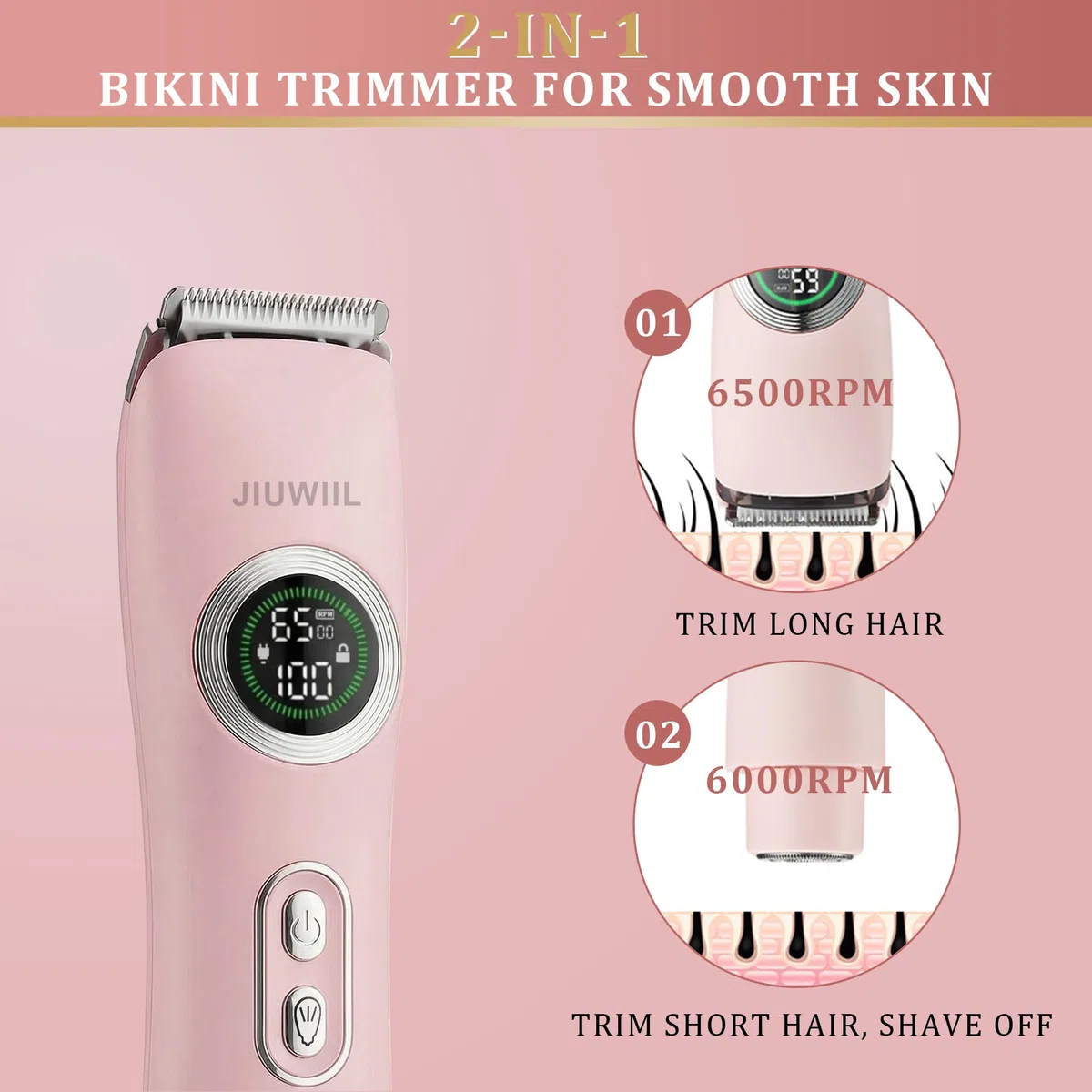 Bikini Trimmer für Frauen, JIUWIIL 2 in 1 Elektrorasierer für Frauen, IPX7 wasserdichter Elektrorasierer mit zwei Köpfen, Nass und Trockenrasierer für Körperbehaarung und Bikin (Rosa)