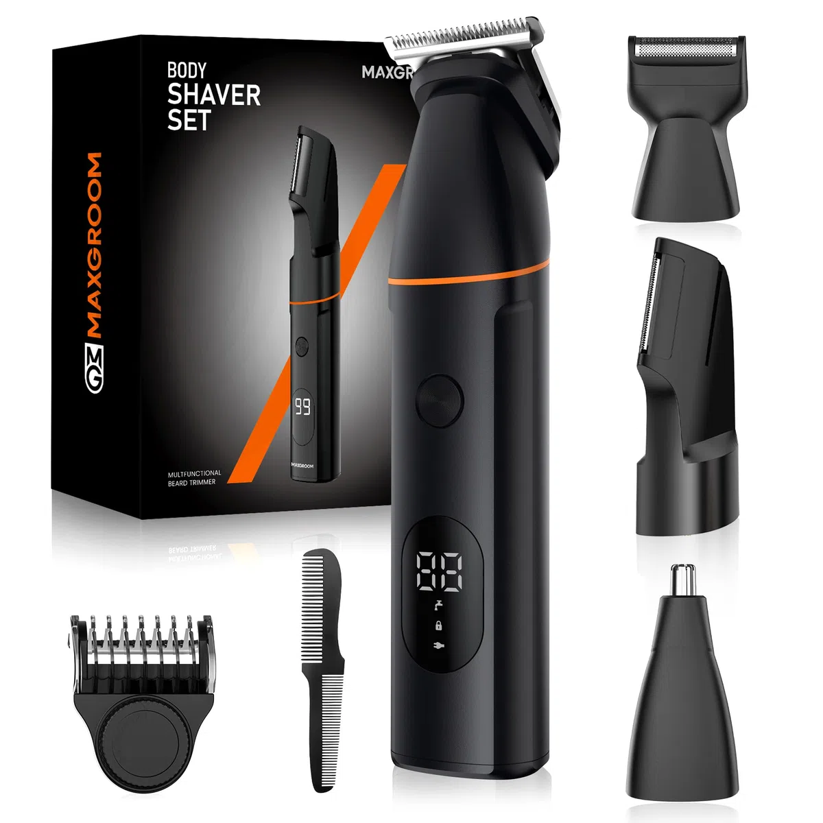 MAXGROOM Intimrasierer Mann, 4-IN-1 Rasierer Herren Intimbereich Wasserdicht, Nass-Trocken Körperrasierer Herren mit LED-Anzeige, Rasierer Herren Elektrisch für Intimbereich Brust Achseln Leiste Hoden