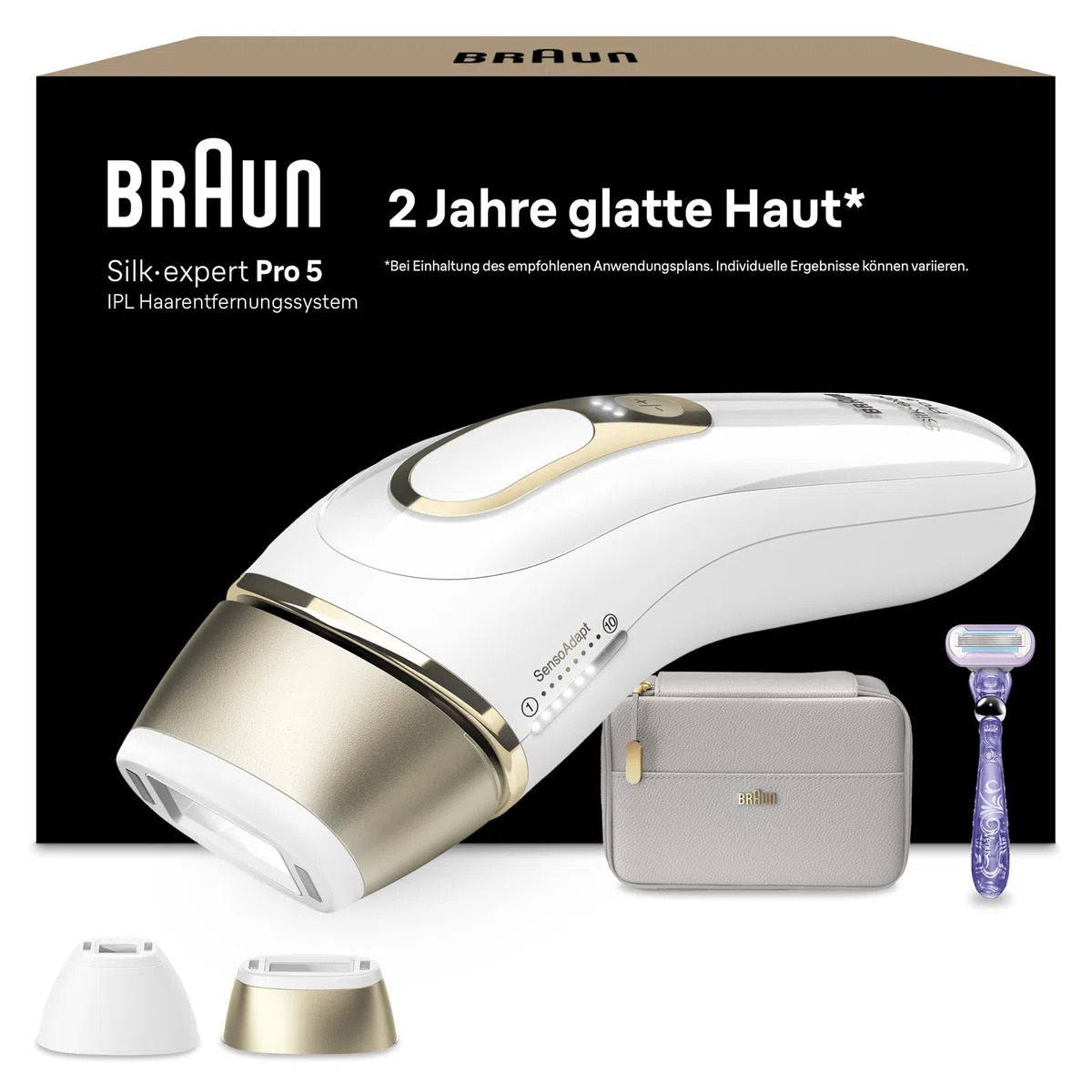Braun IPL Silk·expert Pro 5 PL5157 Haarentfernung Gerät dauerhaft schmerzfrei Weiß/Gold mit Gillette Venus Rasierer 2 Aufsätze