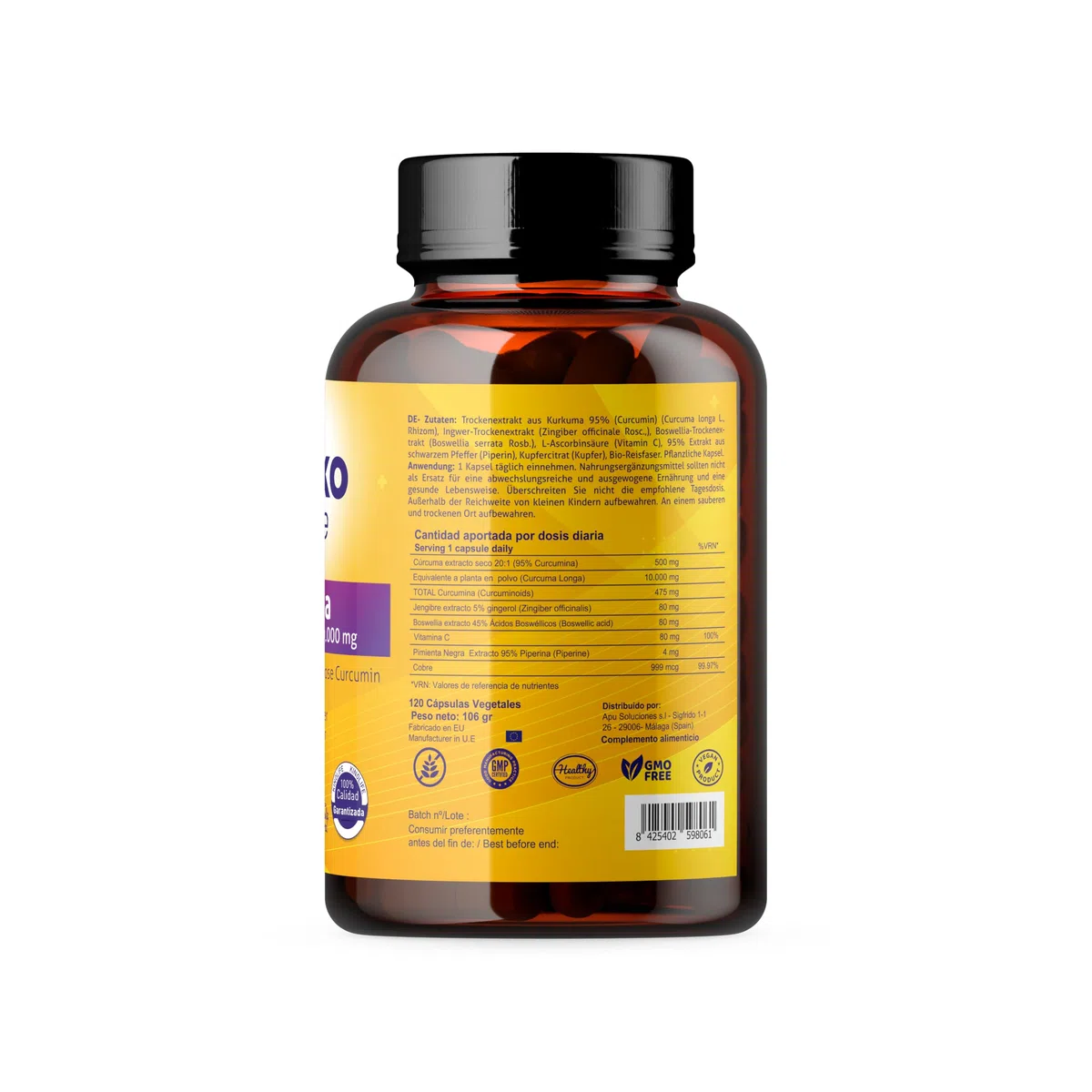 KURKUMA 10000 mg REINES CURCUMIN | 120 Kapseln | 95% Extrakt | Ingwer, schwarzer Pfeffer, Boswellia, Vitamin C und Kupfer | Hoch absorbierend | Entzündungshemmend für Ihre Gelenke