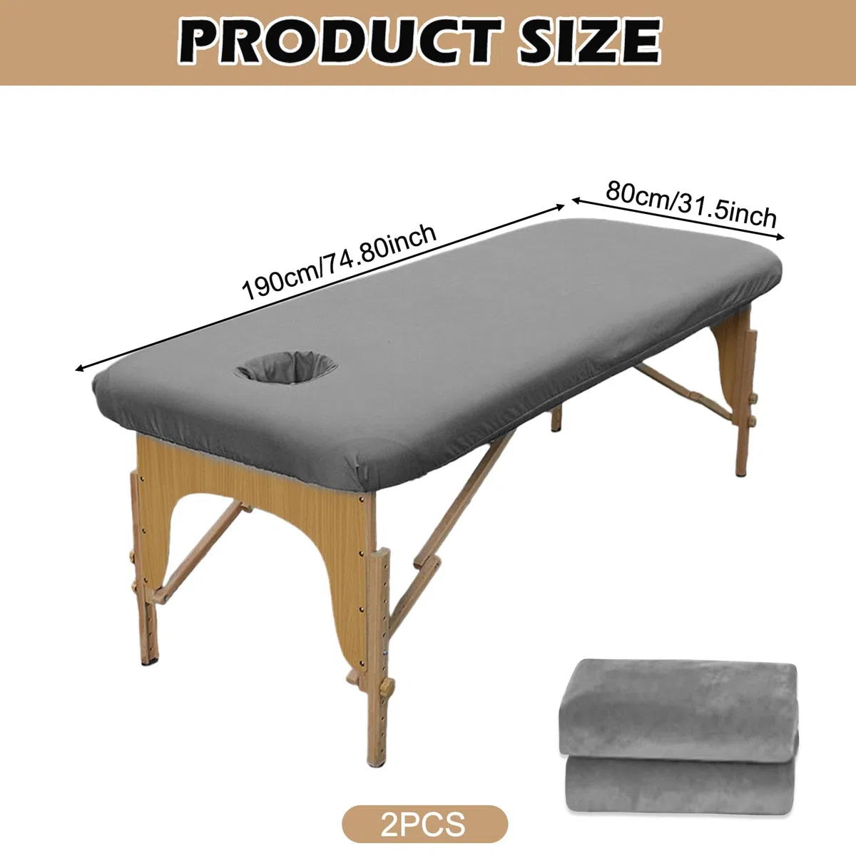 2 Stück Bezug für Massageliege: 80 x 190cm Spannbezug für Massageliege Ölresistent, Waschbare Beauty Bettbezug mit Loch, Elastisches Massagetische Bezug für Kosmetik-Tische, Spa, Therapie-Bänke(Grau)
