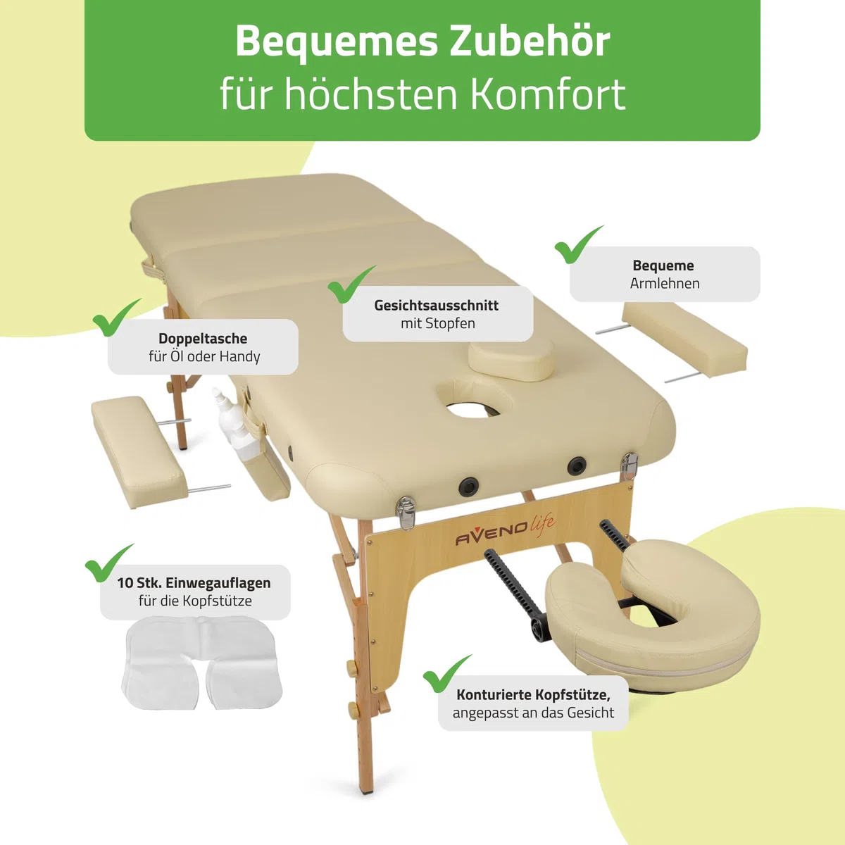 HABYS Mobile Massageliege Klappbar aus Holz 3 Zonen 185×70cm Verstellbare Rückenlehne 48° Massagetisch mit Kopfstütze Tragetasche bis 250 kg