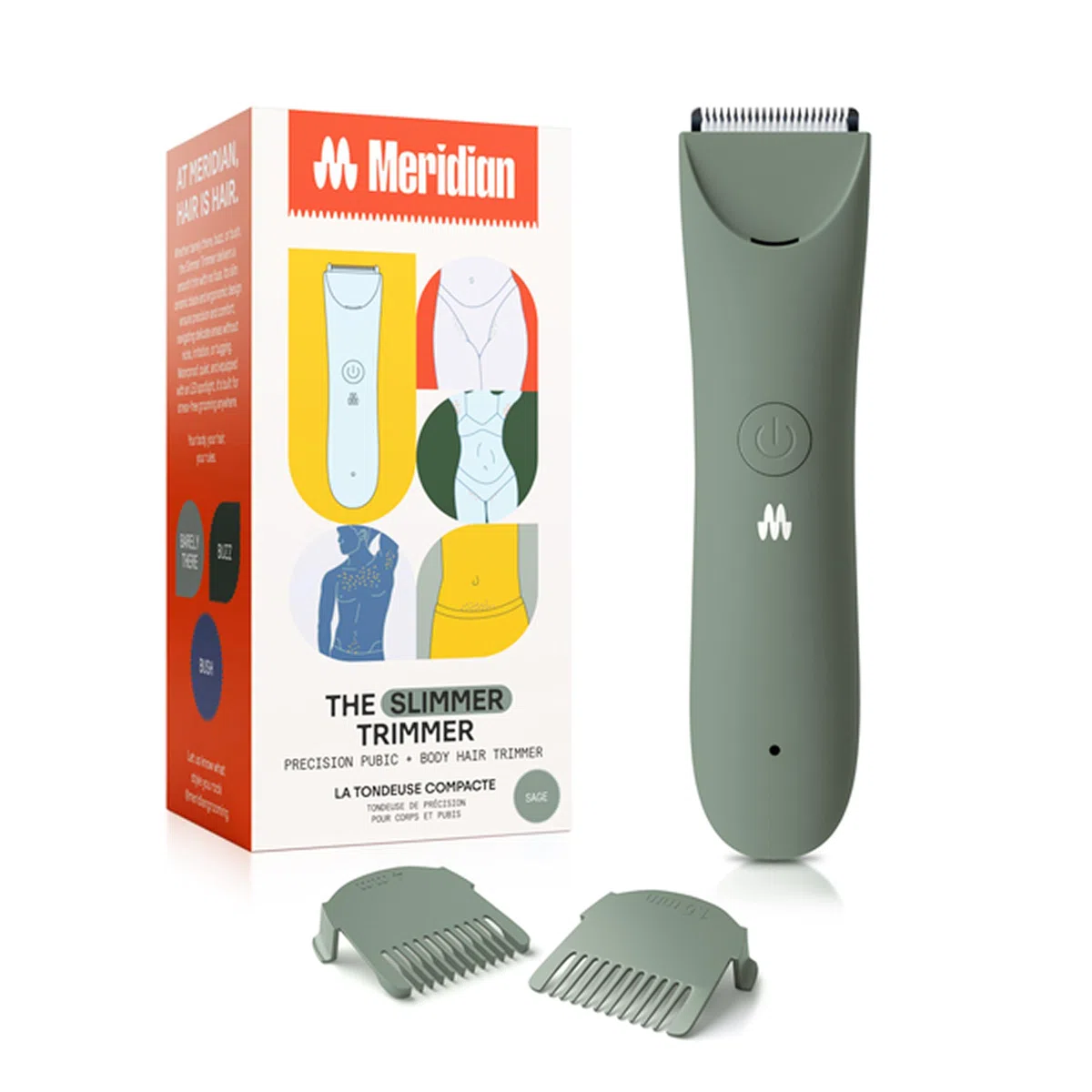MERIDIAN Schlanker Trimmer, Scham- & Körperhaarschneider, Bikini-Haarentfernung, keine Kerben, Rasierverbrennung, keine Eingewachsenen, Ergonimisches Design, Wet/Dry Tech, LED-Strahler, Salbei