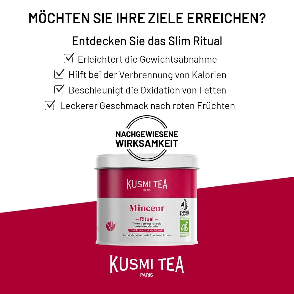 Kusmi Tea - Slim Ritual - Schlankheitstee - Angereichert mit Grüntee-Extrakt - Erleichtert die Gewichtsabnahme - Erdbeere und Kirsche - Loser Tee - 100 g Metalldose für etwa 50 Tassen