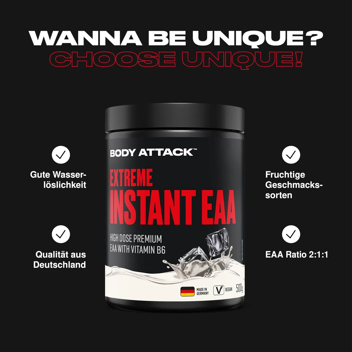Body Attack Extreme Instant EAA Pulver - Ice Tea Peach, 500 g - Made in Germany - 8 essentielle Aminosäuren für eine Protein reiche Ernährung & intensives Training