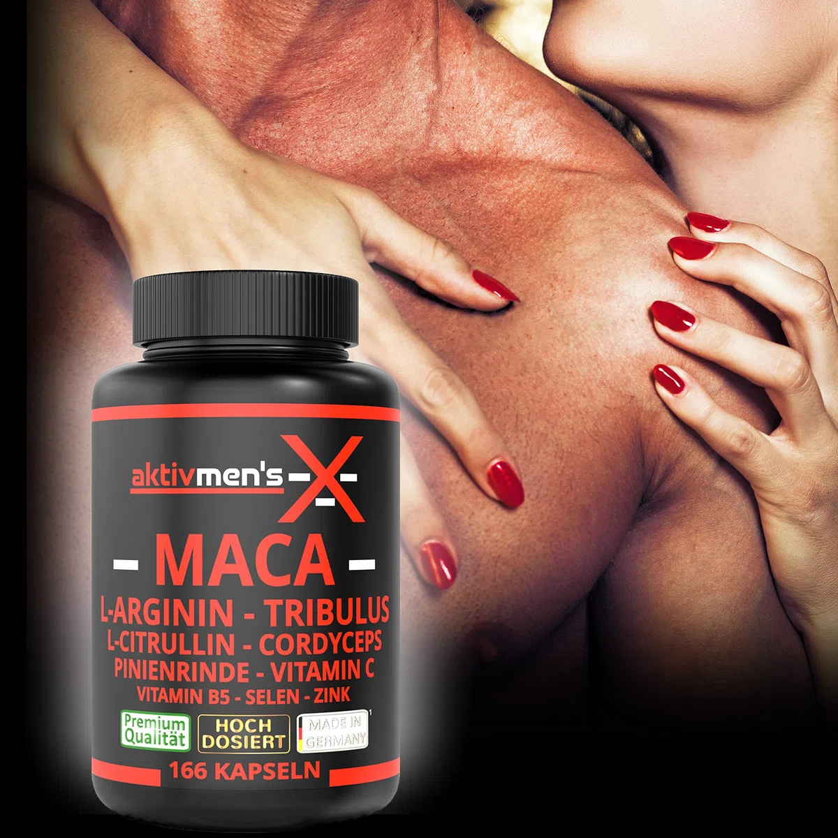 aktivmen's X MACA SCHWARZ - teuflisch gut dosiert - 166 Kapseln + L-Arginin, L-Citrullin, Cordyceps, Tribulus, Pinienrinden Extrakt, Selen, Vitamin C + B5, Zink, 1 Dose (1x134.9g)