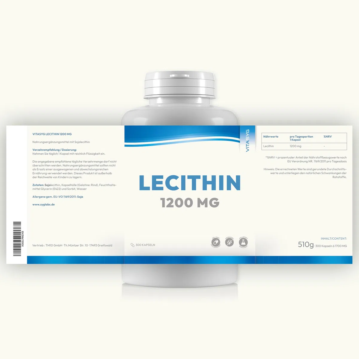 Lecithin Kapseln 1200mg - 300 Kapseln - 1200mg pro Tagesdosierung - Sojalecithin - ohne Gentechnik - hochdosiert