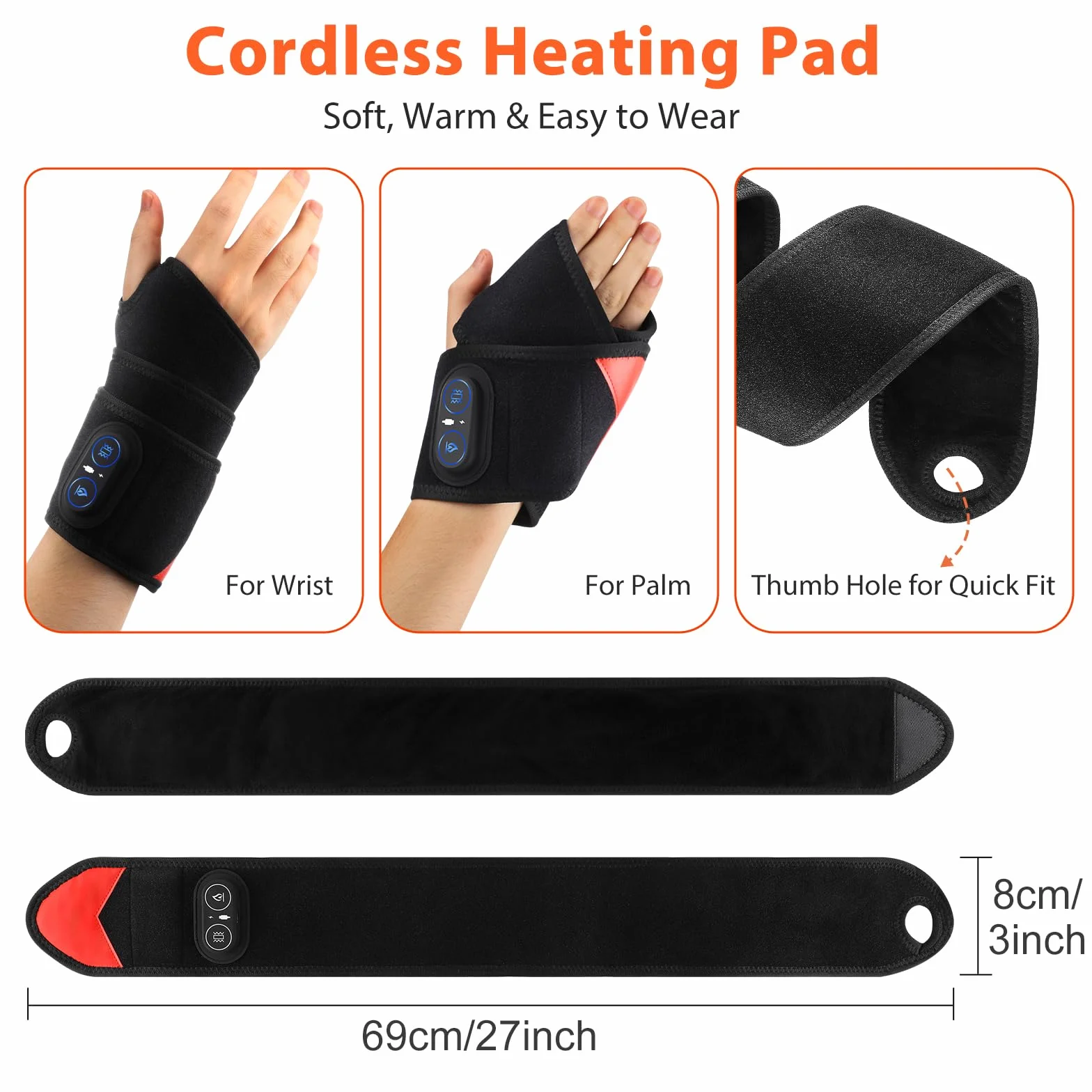 Kabellose Handgelenk-Heizbandage Mit Vibration, Tragbare Heiz-Handgelenkstütze Mit 660nm Rotem Licht, 3 Heizstufen, 3 Vibrationsmodi, Eingebauter 3000mAh-Akku, Geeignet Für Frauen Männer, 69cm Länge