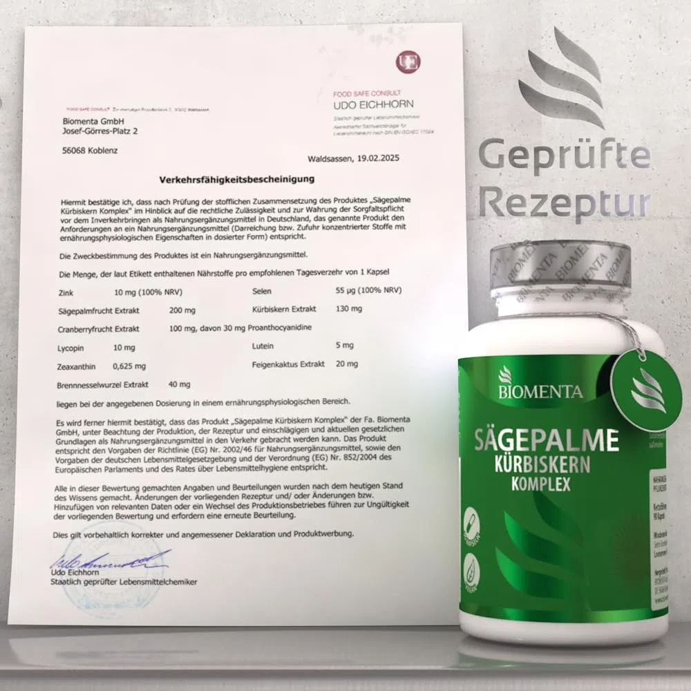 BIOMENTA Sägepalme Kürbiskern Komplex – 90 hochdosierte Kapseln - synergetischer Wirkstoffkompex + Cranberry, Tomate, Brennessel, Lutein, Zeaxanthin, Feigenkaktus + Zink & Selen
