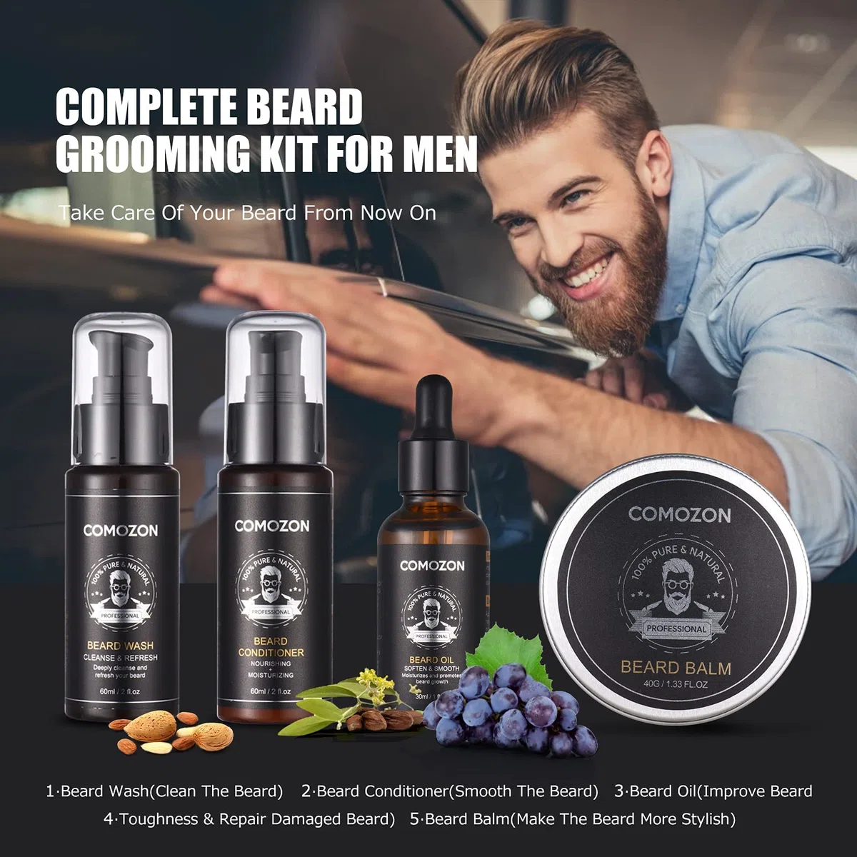 Comozon Bartpflege Set für Männer - 12-in-1 Bart Vatertagsgeschenk, Bartwuchsmittel Männer mit Bartroller/Bartöl/Rasiermesser/Bartbürste/Bartshampoo/Bart Conditioner/Bartbalsam/Bartkamm/Bartschere