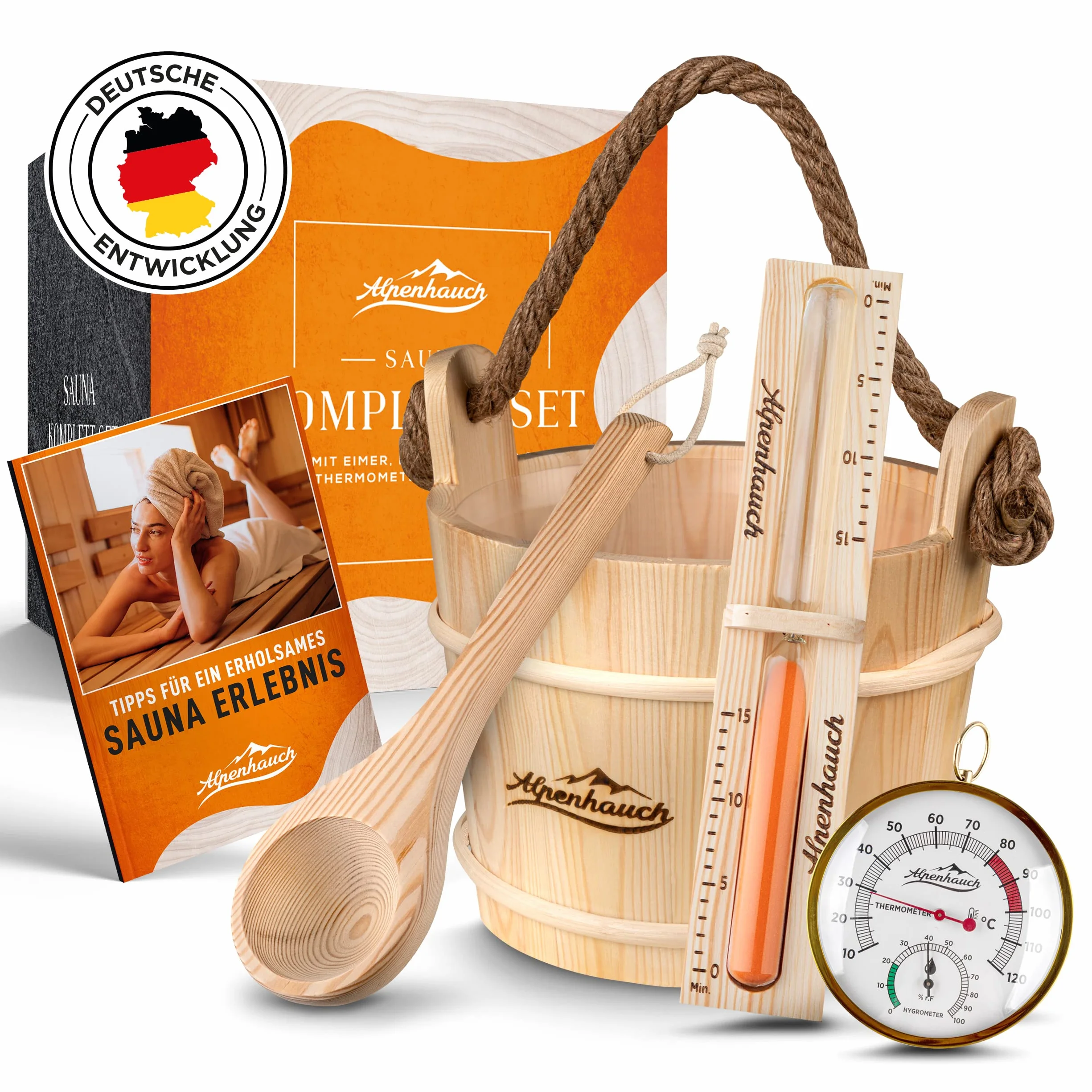 ALPENHAUCH Sauna Eimer mit Kelle [100% Naturholz] - Edles Saunakübel Set mit Sauna Sanduhr & Thermometer/Hygrometer - Langlebiges Sauna Zubehör - Aufgusseimer Set inkl. praktischem Sauna Büchlein