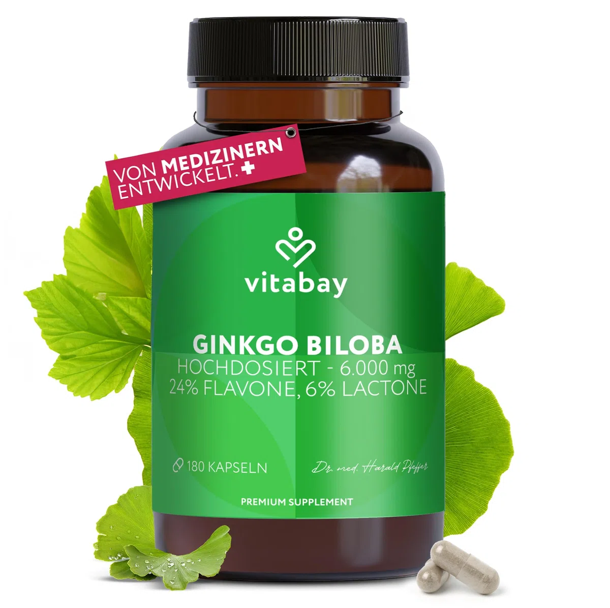 Vitabay Ginkgo Biloba 6000mg Hochdosiert - 180 Ginkgo Kapseln VEGAN - Kapseln mit 24% Flavone & 6% Lactone - Hochdosiert Vegan und Laborgeprüft