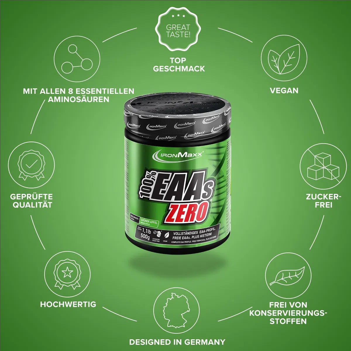 IronMaxx 100% EAAs Apple 500g - EAAs Pulver hochdosiert, Vegan und zuckerfrei, 8 essentielle Aminosäuren zur Ergänzung deiner Sporternährung