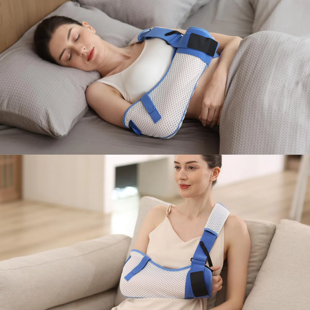 Armschlinge für Schulterverletzungen mit Taillengurt, Wegfahrsperre Klammer Unterstützung für Schlafen, Rotatorenmanschette Chirurgie (Atmungsaktive Version, Rechter Arm, S, 63-78CM)