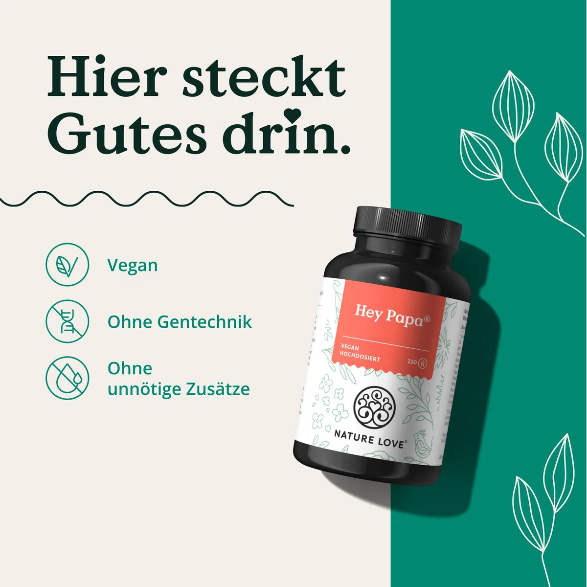 Nature Love Hey Papa - 120 Kapseln - 12 Inhaltsstoffe: Folsäure, Maca, Selen, Zink, L-Arginin, L-Carnitin, Q10, Vitamin C, B6, B12, D3 und E - vegan und laborgeprüft