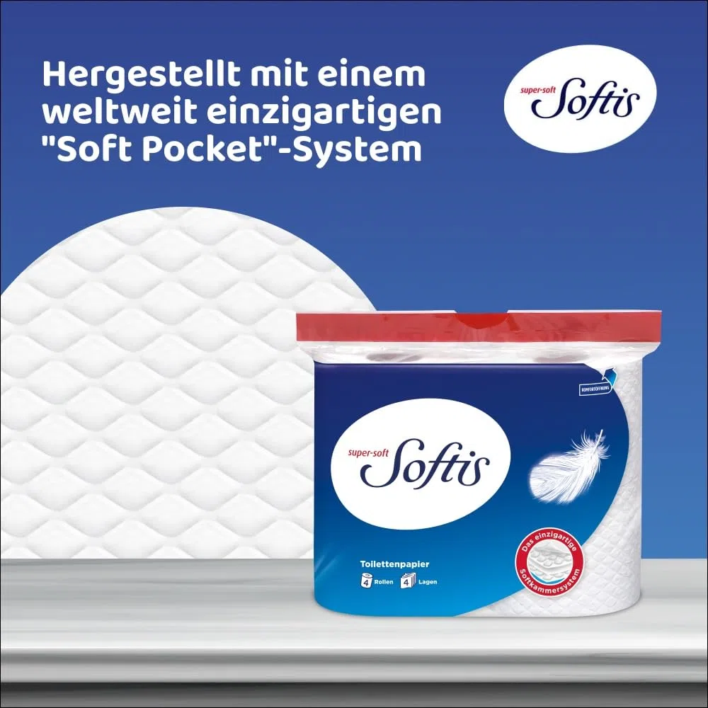 Softis 4-lagiges Toilettenpapier | 45 Rollen-Packung (5 x 9 Einzelpackungen) | 100 Blatt pro Rolle | Einzigartiges Softkammer-System | Recyclebare Verpackung | FSC-zertifiziertes Papier