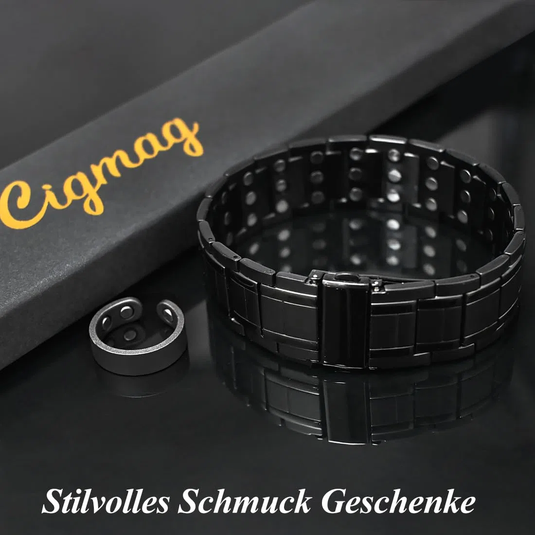Lymphdrainage Magnetarmband Herren Ultrastarke Magnete Reines Titan verstellbar mit Entnahmewerkzeug und Geschenkbox (Schwarz)