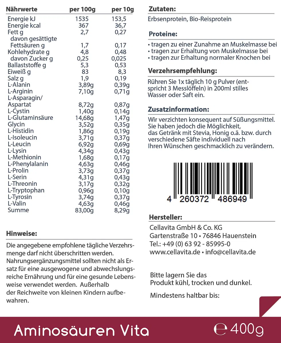 Cellavita Aminosäuren Vita (100% natürliche Aminosäuren & Proteine) aus Erbsenprotein & Reisprotein 400g