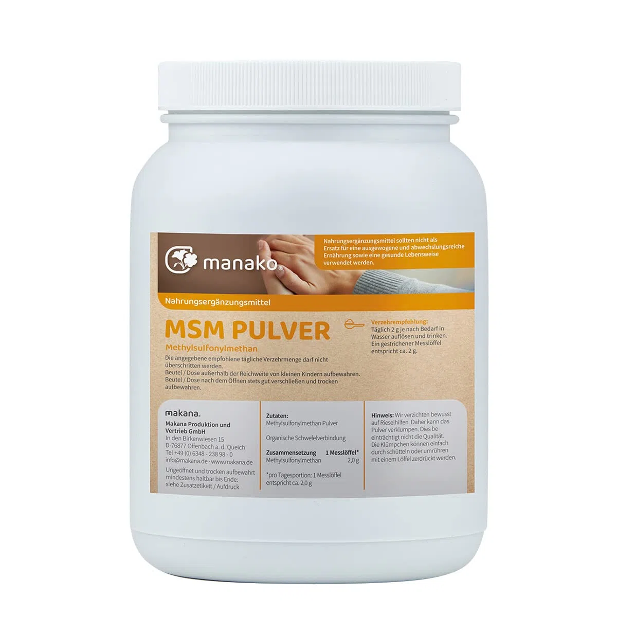 manako MSM (Methylsulfonylmethan) kristallines Pulver, Premiumqualität, 99,9% rein, 1000 g Dose