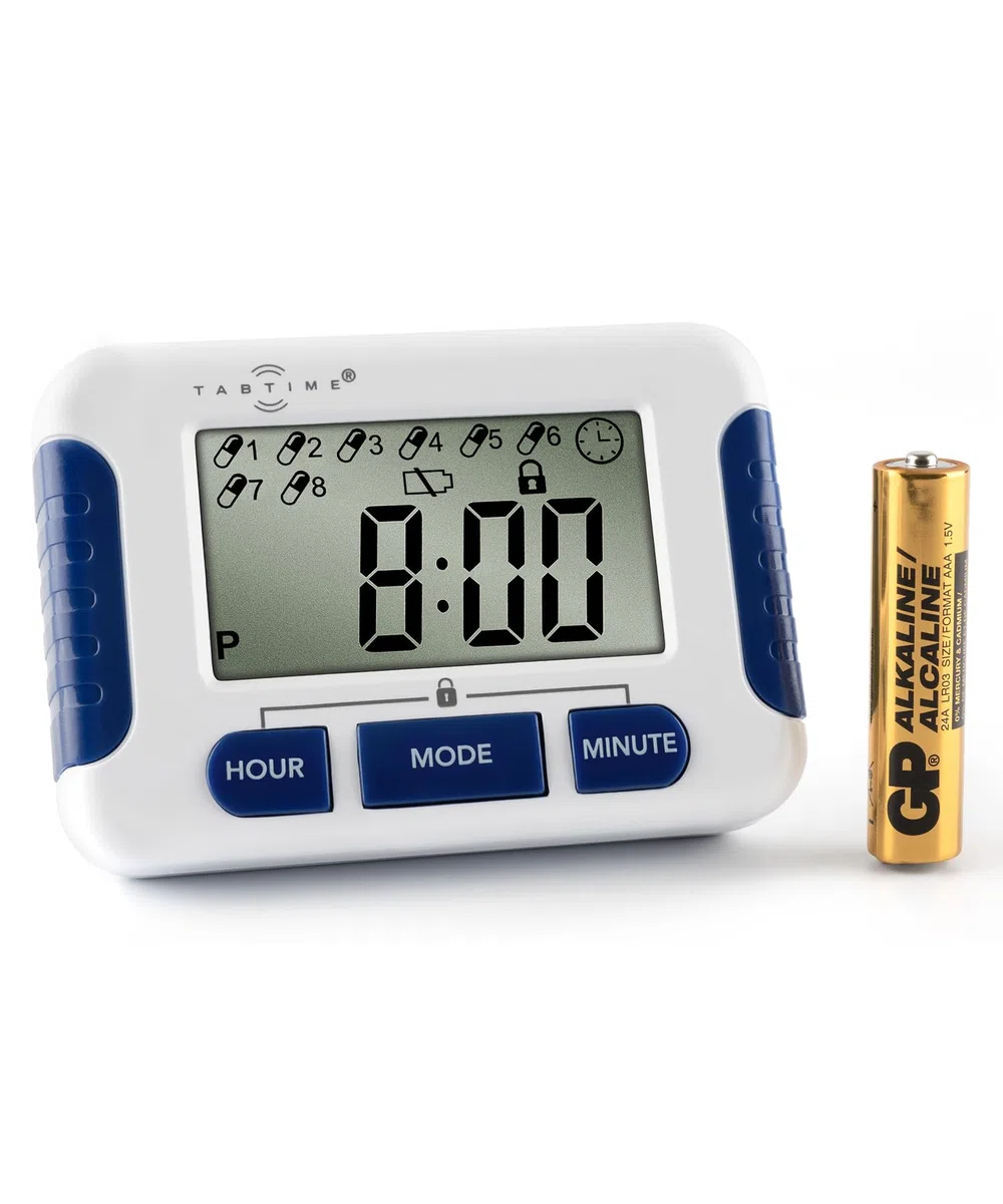 TabTime Timer (mit deutscher Anleitung), Pillenerinnerung, Medikamenten-Uhr/Wecker mit 8 Alarmen pro Tag, essentiell für Parkinson-Patienten