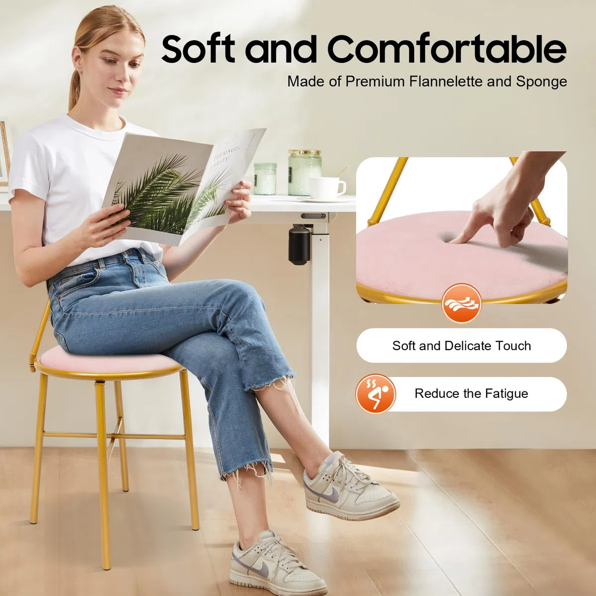Schminktisch Stuhl, Schleifen Rückenlehne Schminkhocker, Schminkstuhl, Stabiler Make up Stuhl, Kosmetikstuhl mit Flanell und Schwamm Polsterung für Mädchen für Make-up und Mode-Räume
