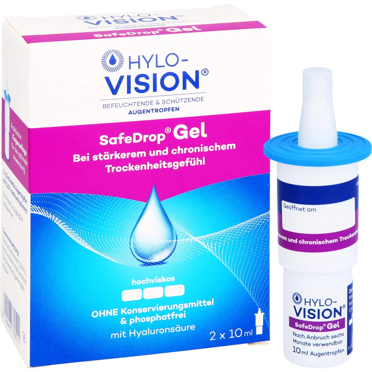 Hylo-Vision SafeDrop Gel Augentropfen – Linderung bei stark und chronisch trockenen Augen, intensive Befeuchtung, hochviskos, konservierungsmittelfrei, geeignet bei Kontaktlinsen, 2x10 ml