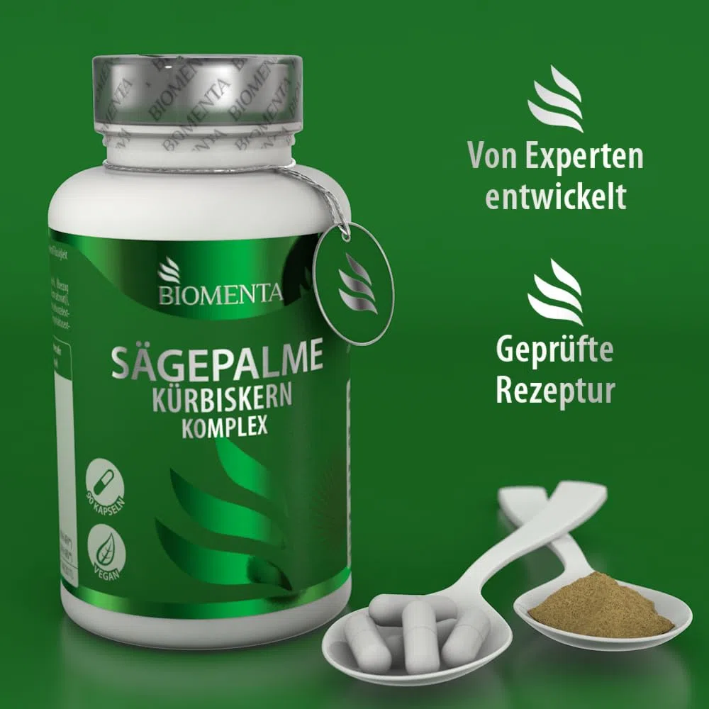BIOMENTA Sägepalme Kürbiskern Komplex – 90 hochdosierte Kapseln - synergetischer Wirkstoffkompex + Cranberry, Tomate, Brennessel, Lutein, Zeaxanthin, Feigenkaktus + Zink & Selen