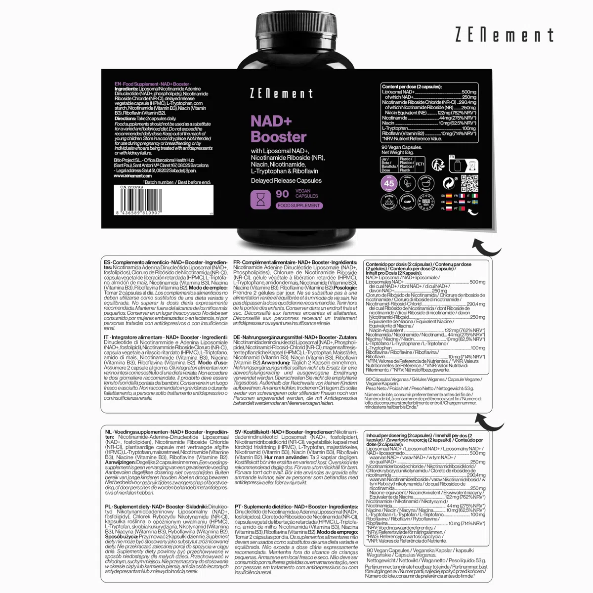 NAD+ Liposomal 500 mg mit Nicotinamide Riboside 250 mg – Doppelformel mit L-Tryptophan, Niacin und Riboflavin – 90 Vegane Kapseln mit Magensaftresistentem Überzug, 45 Tage – Zenement