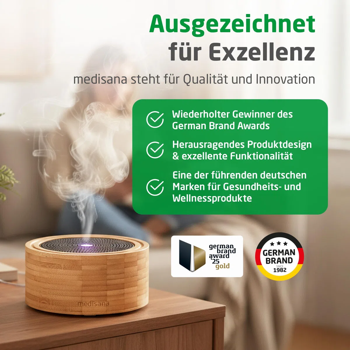 Medisana AD 625 Aroma Diffuser, Duftöl Diffusor für ätherische Öle, Duftlampe mit Wellness-Licht in 6 Farben, Luftbefeuchter für Wohnzimmer, Schlafzimmer, Büro, Raumbefeuchter 100 ml