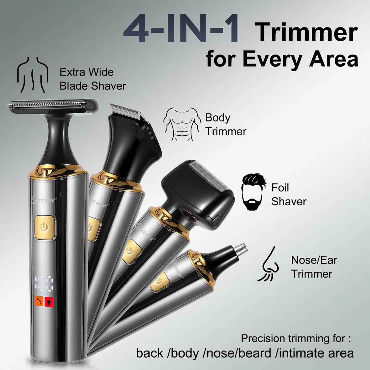 Hatteker Elektrischer Rückenrasierer für Männer, Körper-Trimmer, Haarschneider, 4-in-1-Set mit ausziehbarem Hilfsarm, wasserdicht, für Gesicht, Kinn, Arme, Rücken, Schamhaar, Pflege-Set