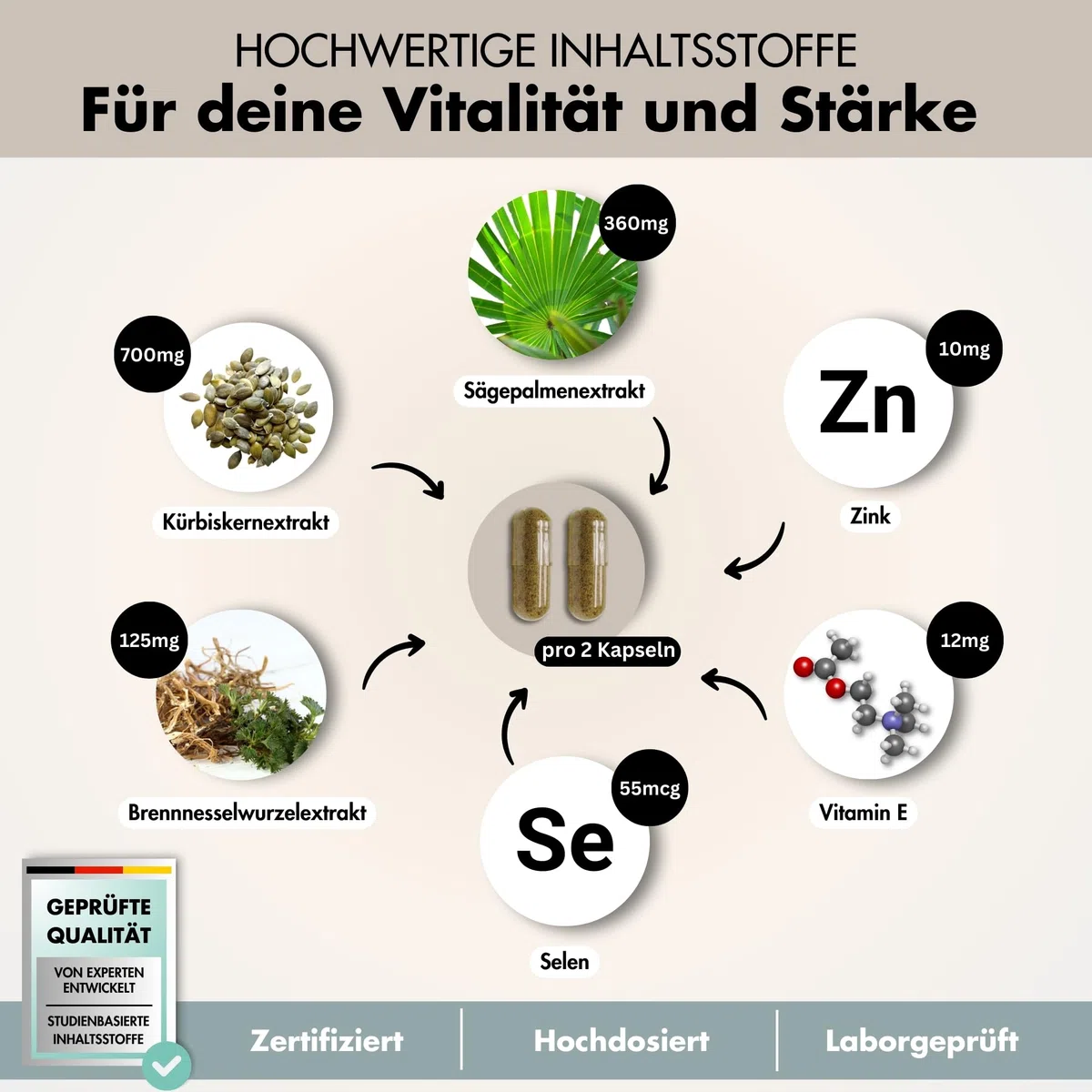 Prosta Plus Komplex - 180 Prostata Kapseln hochdosiert - einzigartige Formel aus Kürbiskern-, Sägepalmen-, Brennnesselwurzelextrakt mit Zink, Vitamin E & Selen - geprüfte Prostata Komplex Kapseln