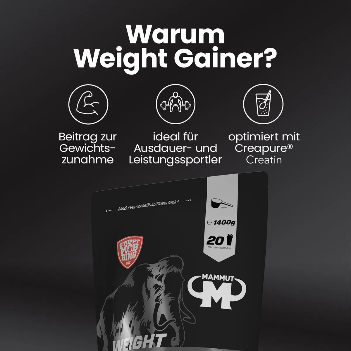 Mammut Nutrition Crash Weight Gainer Pulver Chocolate – 1400 g – 518 kcal/Shake für Gewichtszunahme – 80% Kohlenhydrate – 4-Komponenten Protein – Ideal für Ausdauer- und Leistungssportler