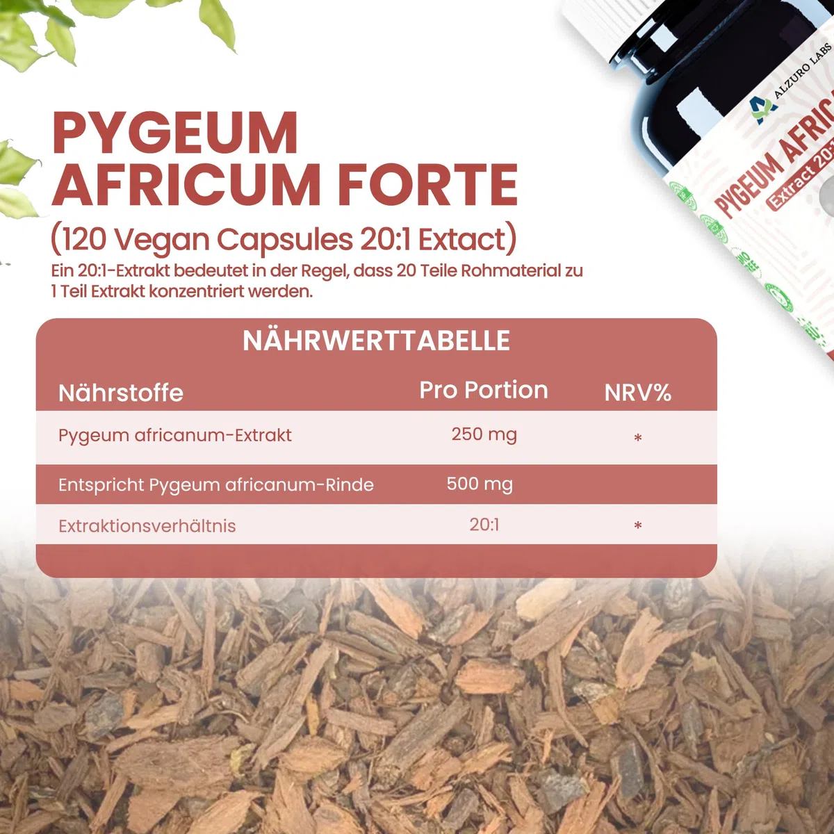 Pygeum africanum | 5.000 mg Äquivalent | 250 mg 20:1 Rinden-Extrakt (13% Phytosterole) | 120 vegane Kapseln | 4-Monats-Vorrat | Prunus africana | GMP & Laborgeprüft