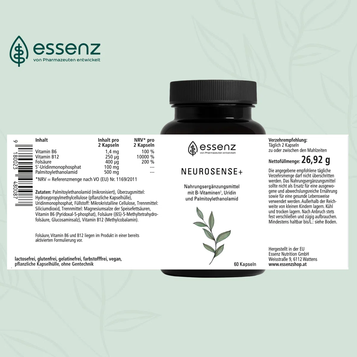 ESSENZ - Neurosense+ 60 Kapseln - Zur Unterstützung der normalen Zell- und Nervenfunktion. Natürliche Kapseln mit Folsäure sowie Vitamine B6 & B12. Made in Germany