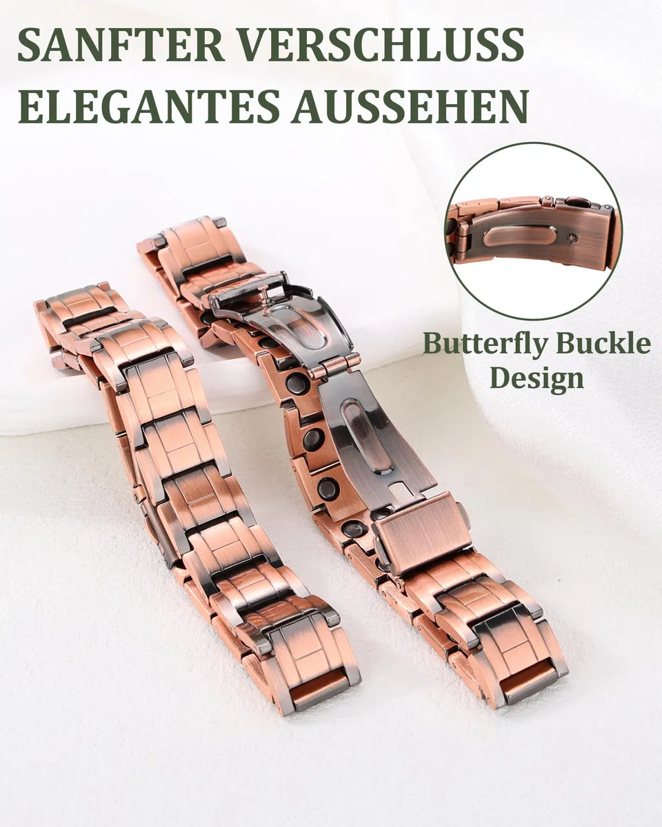 BioMag Herren Kupferarmband aus 99,99% Reinkupfer, Magnetarmband mit Schmetterlingsverschluss und integriertem Größenregler