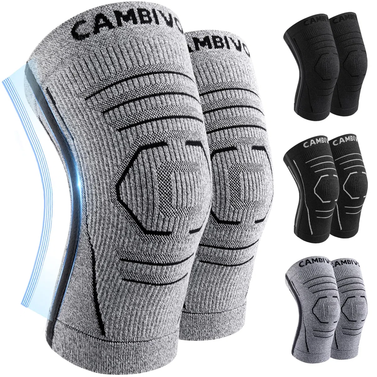 CAMBIVO Kniebandage Männer Damen 2 Stück, Komprimierte Bandage Knie, Knee Support mit Seitenstabilisatoren zur Linderung von Knieschmerzen, Arthrose Knie, Meniskus und Kraftsport