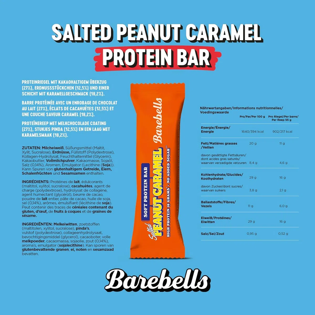 Barebells Soft Protein Riegel – 16g High Protein Bar, Zuckerarm, Eiweißriegel, Ohne Palmöl – Salted Peanut Caramel, 12 x 55gr