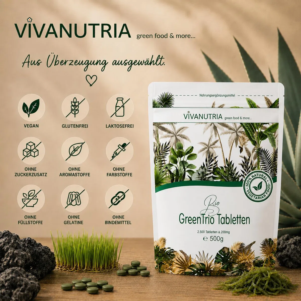 VivaNutria Bio Green Trio Presslinge 500g | aus kontrolliert biologischem Anbau I 2500 Tabletten aus Spirulina Chlorella & Gerstengras I ohne Zusätze I Rohkostqualität I vegan