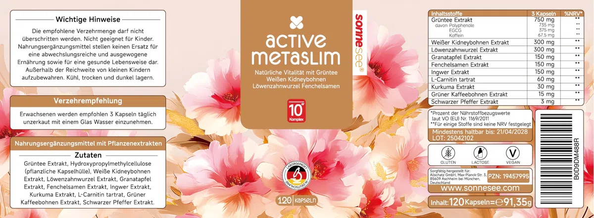 MetaSlim 10 fach Pflanzlicher Stoffwechsel-Komplex mit Grüntee L-Carnitin Kurkuma Löwenzahn & Kidneybohne Synergieformel Vegan 120 Kapseln
