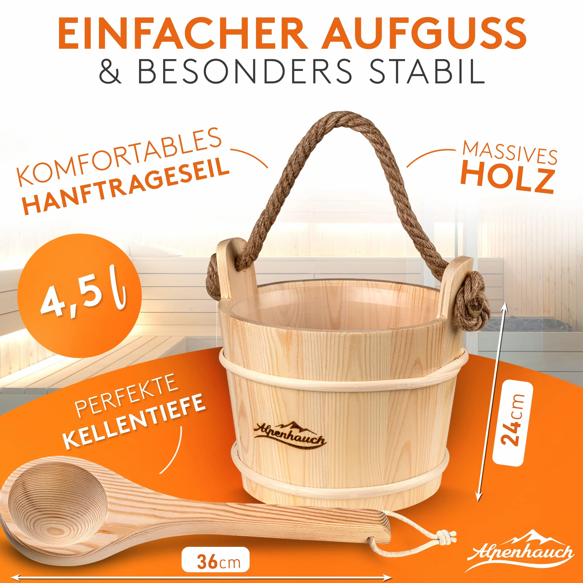 ALPENHAUCH Sauna Eimer mit Kelle [100% Naturholz] - Edles Saunakübel Set mit Sauna Sanduhr & Thermometer/Hygrometer - Langlebiges Sauna Zubehör - Aufgusseimer Set inkl. praktischem Sauna Büchlein