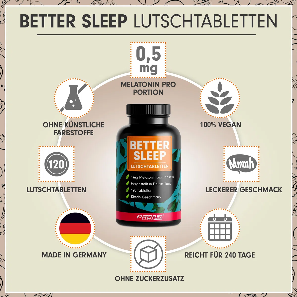 Melatonin Lutschtabletten 120x - leckerer Kirsch-Geschmack - optimal hochdosiert - mit bioaktivem Melatonin, L-Theanin, Glycin und Vitamin B6 - zuckerfrei gesüßt, 100% vegan - Vorrat für 8 Monate