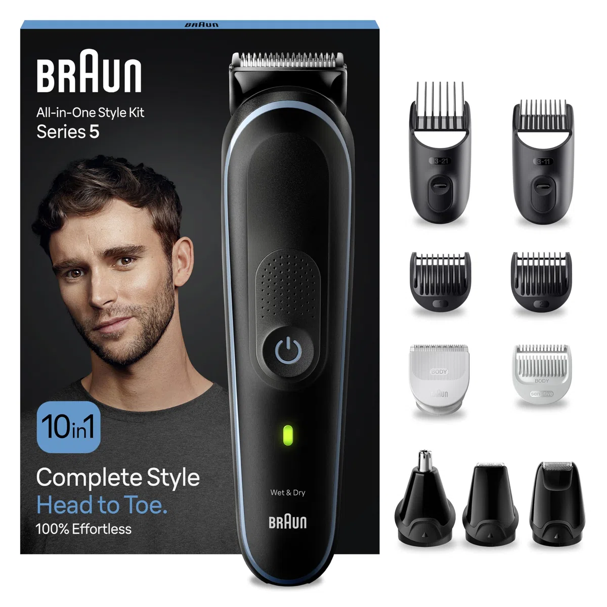 Braun All-In-One Trimmer-Set 5, 10-in-1 Multigroom, Barttrimmer, Nasenhaartrimmer, Haarschneidemaschine für Gesicht, Kopf und Körper, 100 Min. Akku, 14 Längen (3–21 mm), Wasserdicht, MGK5445, Schwarz